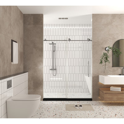 Frameless Shower Door 44-48 "W X 76" H, 1/4 "(6 Mm) Clear Tempered Glass, Explosion Proof Film, Stainless Steel Handle,Brushed Nickel
