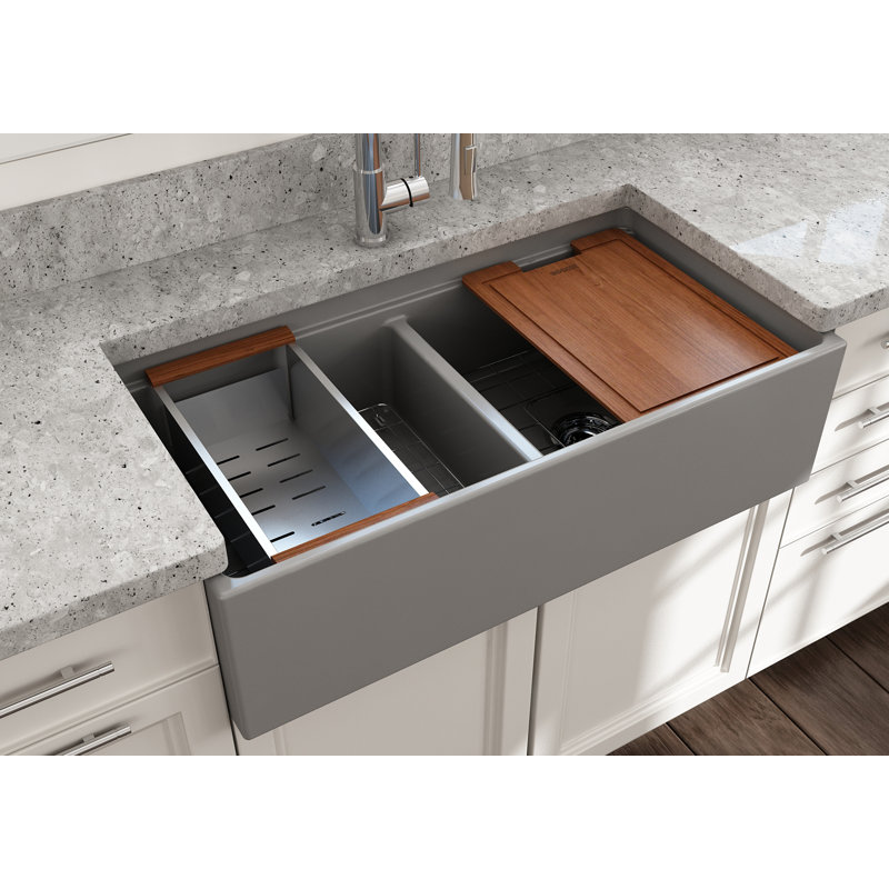 Contempo 36'' L Double Bowl Fireclay Kitchen Sink, Matte Gray