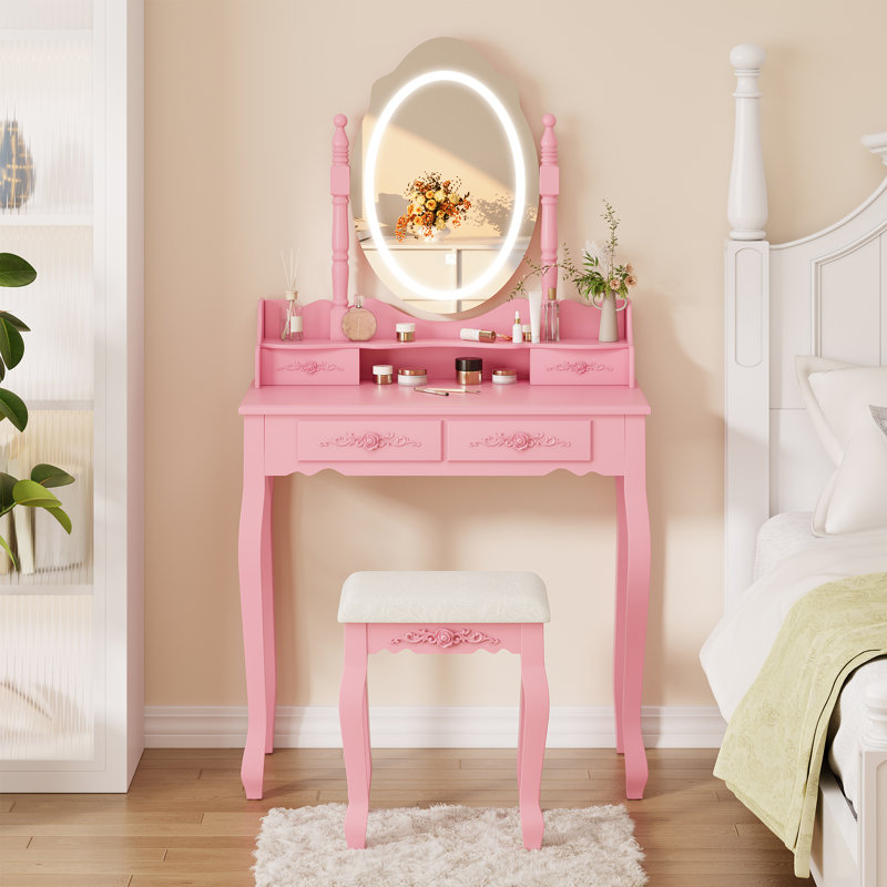 Vanity Desk With Mirror And Lights, Modern Makeup Table And Cushion Stool Set With 4 Drawers, Pink