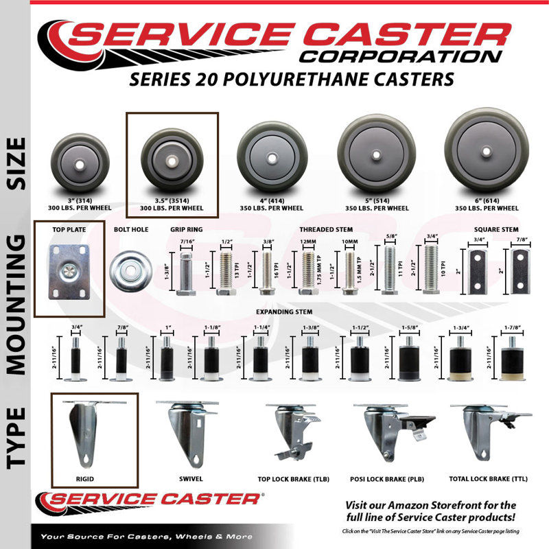 3.5 Inch Polyurethane Wheel Swivel Top Plate Caster Set with 2 Rigid SCC|SCC-20S3514-PPUB-2-R3514-2, gris