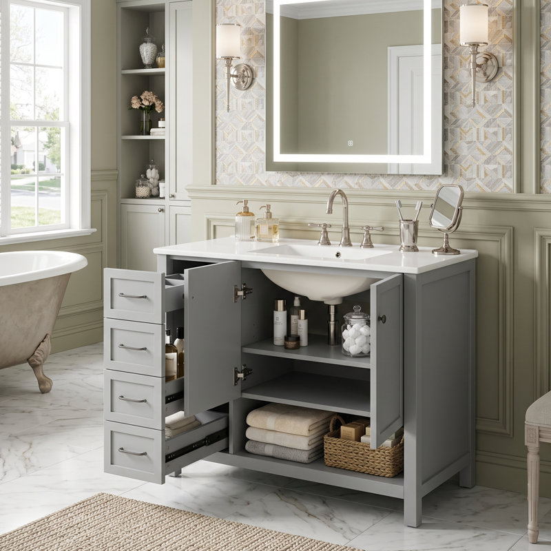 Meuble-lavabo moderne 36 po avec lavabo en céramique, armoire de rangement en bois massif avec tiroirs et tablette ouverte (blanc / noir / gris)