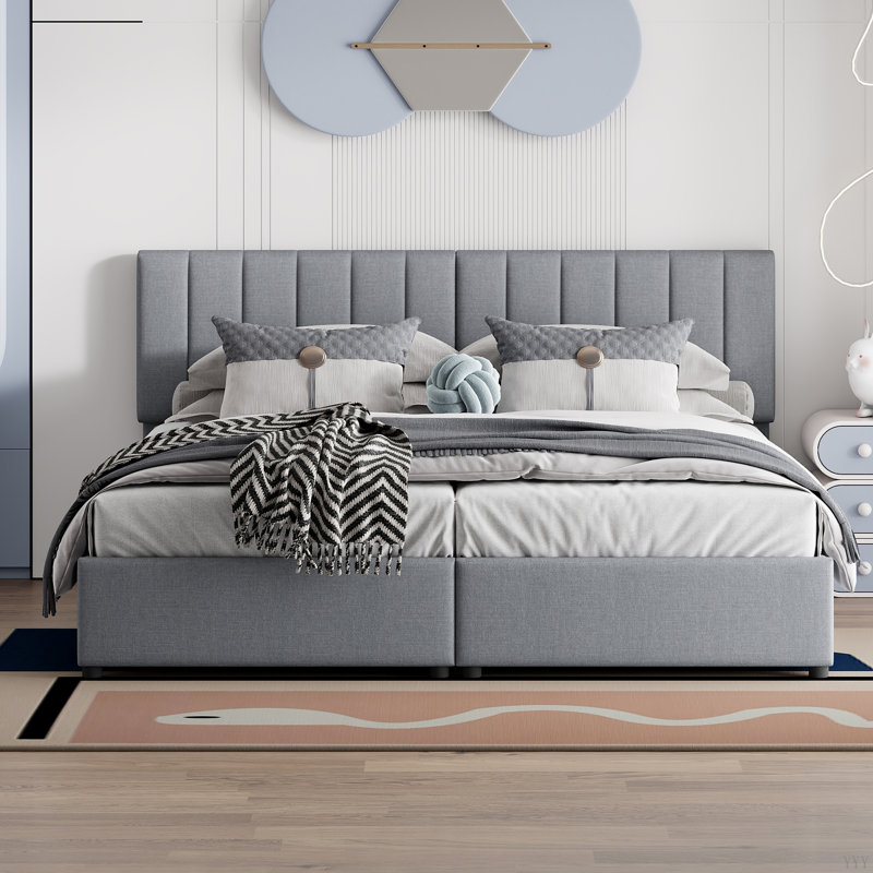 Lit plateforme tapissier avec rangement et tête de lit réglable, Grey, King