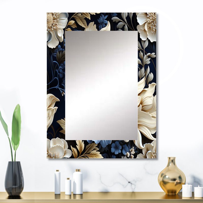 Fleur de marguerite bleu foncé et blanc Douglasland - miroir floral, miroir mural décoratif de campagne, impression d'art en métal