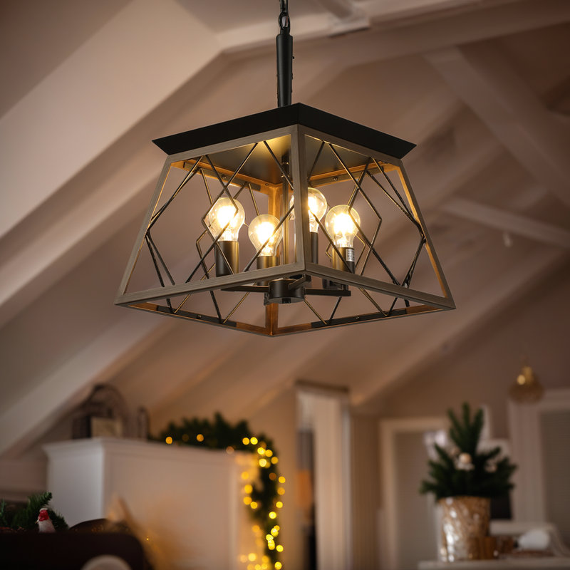 Luminaire suspendu style lustre 4 lumières de style campagnard en acier rustique pour salle à manger et cuisine, Brun