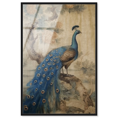 Art mural rétro en verre acrylique lustré encadré paon scintillant par Art Remedy, cadre noir, 24 x 36