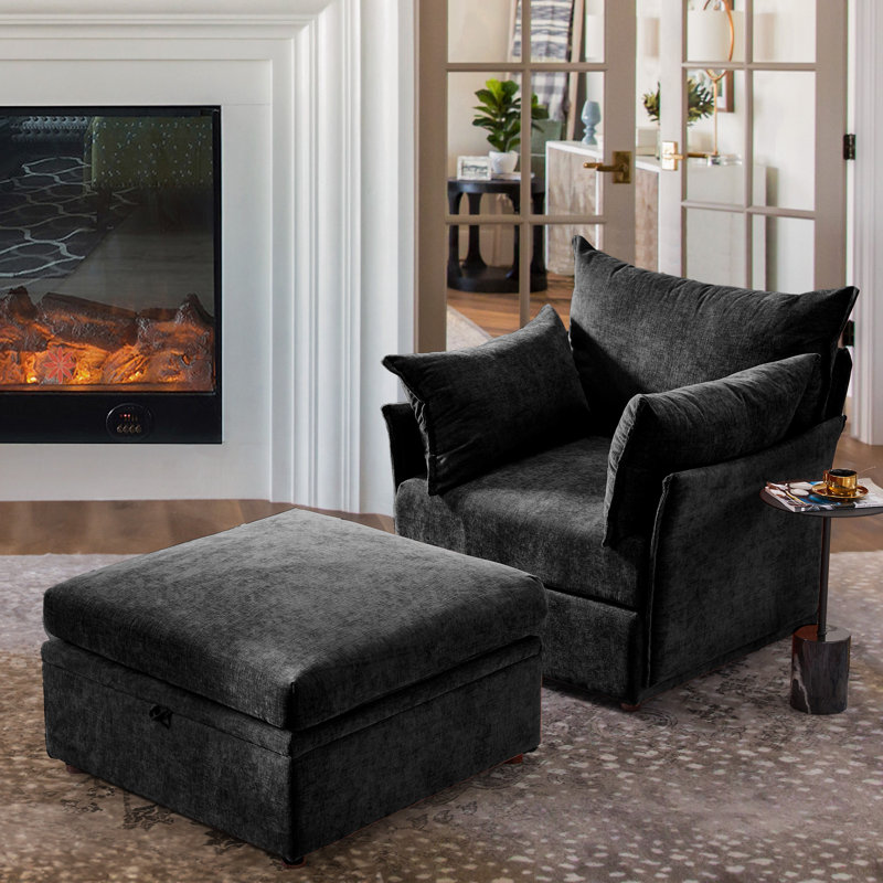 Merchelle 36'' W Oversized Premium Chenille Armchair With Accent Pillow & Removable Cushions, Black Chenille, Yes