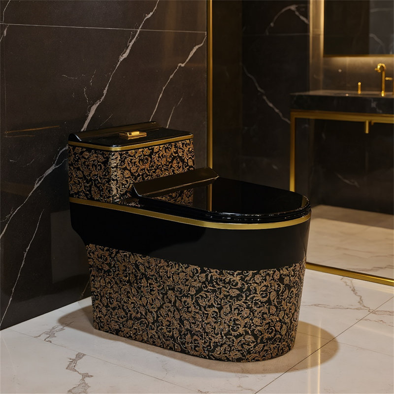Black Gold Flower Pattern Toilet, 1.45 Gpf Slim Compact Toilet (with Seat)