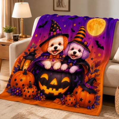 Cute Halloween Dogs Fleece Throw Blanket, Whimsical Pumpkin Spooky Night Cozy Bed Blanket for Sofa Couch Bedroom Living Room Home Decor, Holiday Gifts