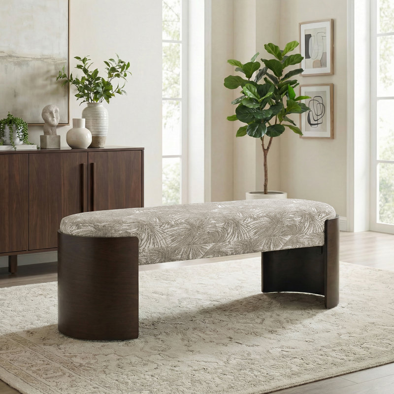 Mid-Century Modern Upholstered Bench - Chenille Palm Leaf Print with Curved Walnut Legs for Entryway or Bedroom, Khaki