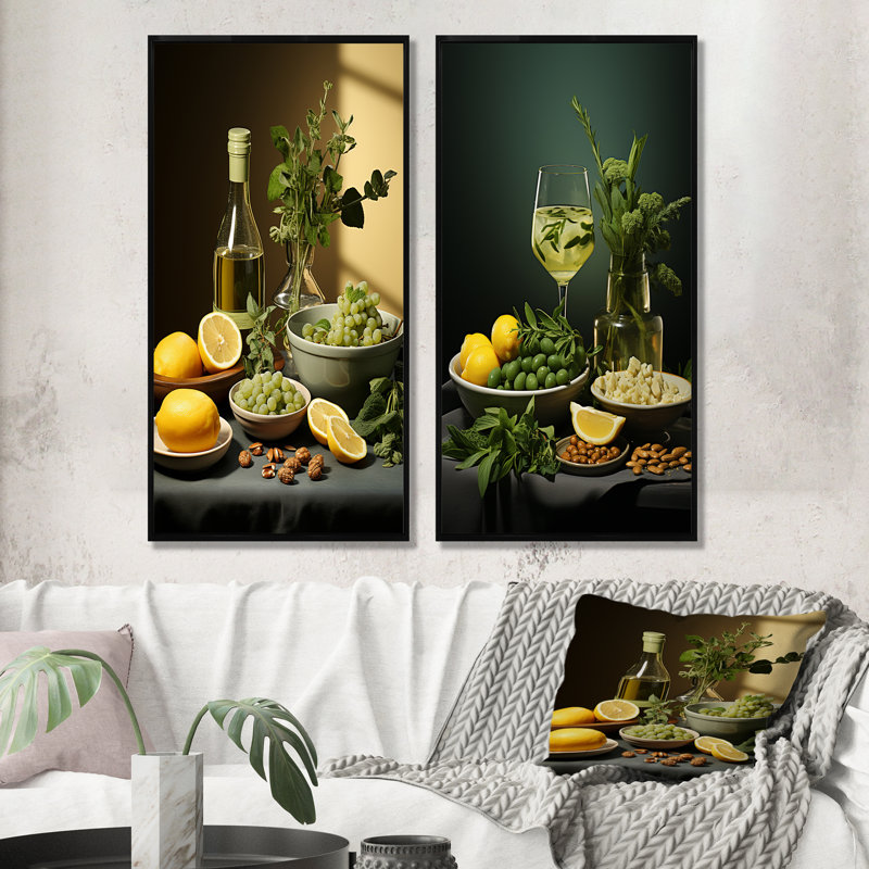 Citurs et vin blanc harmonie épicurienne - fruits, ensemble de 2 impressions sur toile, Cadre noir, H 40 po x l 41 po
