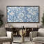 Motif botanique floral bleu et blanc rétro - grande impression sur toile encadrée de chambre à coucher principale-123831105-123831104