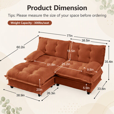 Canapé moderne en L de 77 po avec repose-pieds, siège profond en chenille, coussins en treillis confortables pour le salon et la chambre à coucher