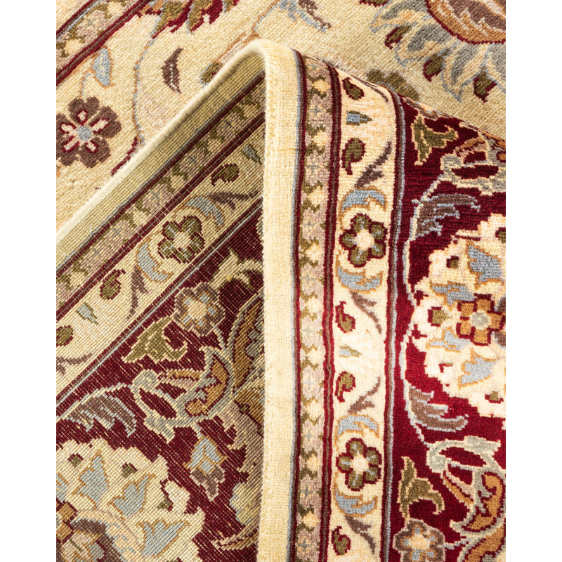 Ivory and Red Hand-Knotted Square Wool Area Rug
