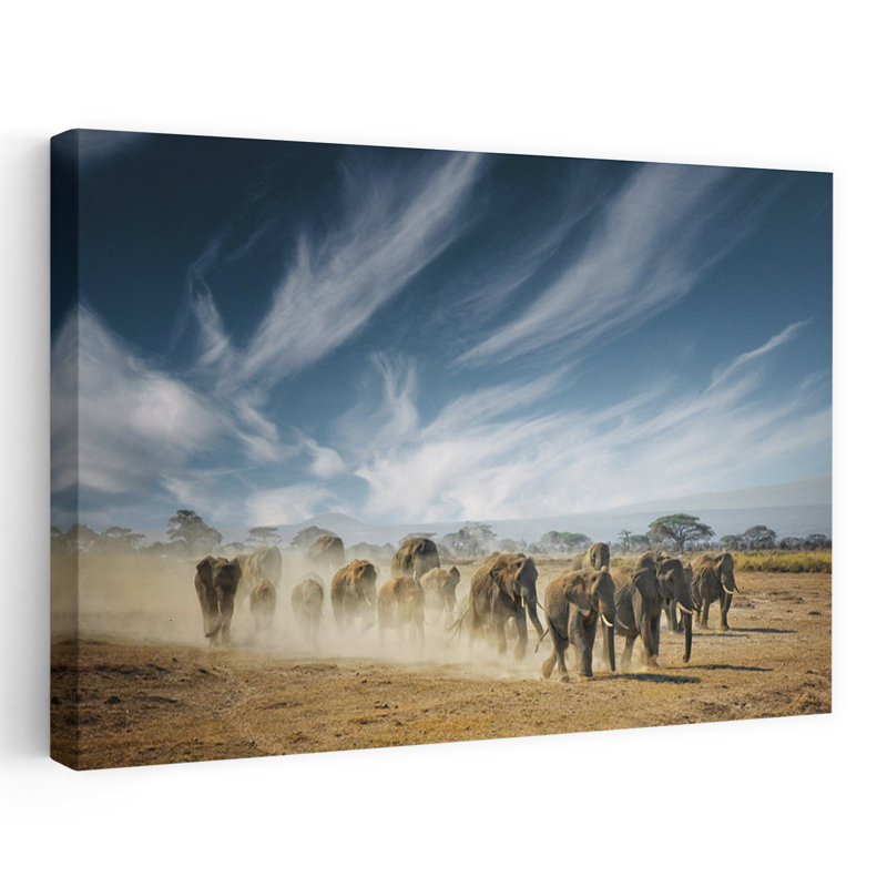 Éléphants d'Afrique, traînée de poussière abstraite, paysage contemporain d'éléphant, art mural, H 40 po x l 60 po