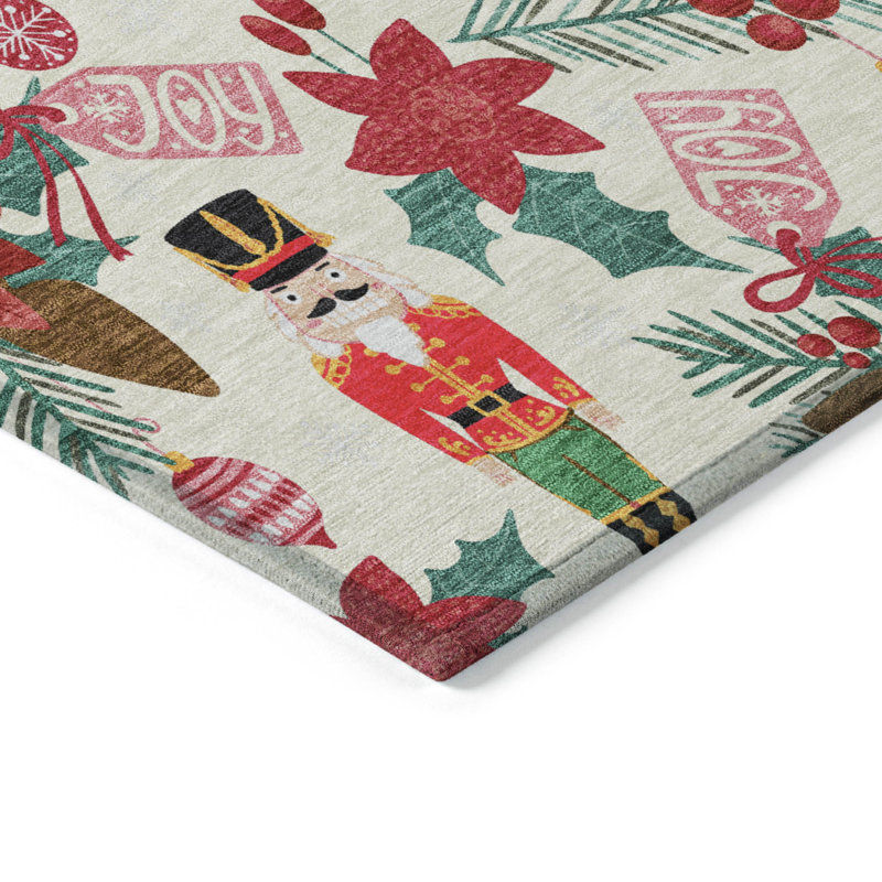 Machine Washable Indoor/Outdoor Christmas Nutcracker Xhevrie Ivory Rug, Runner 2'3" x 7'6"