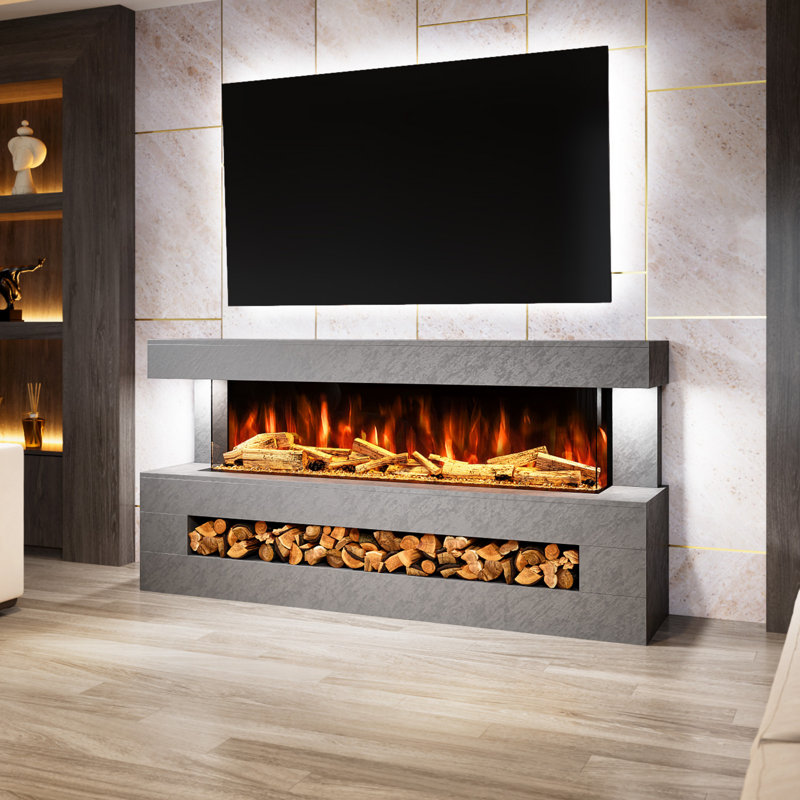 Davinci Stone Effect Freestanding Electric Fireplace Suite | 1500mm 3-sided Led Electric Fire with Panoramic Flame | Remote & App Control | Led Side Light