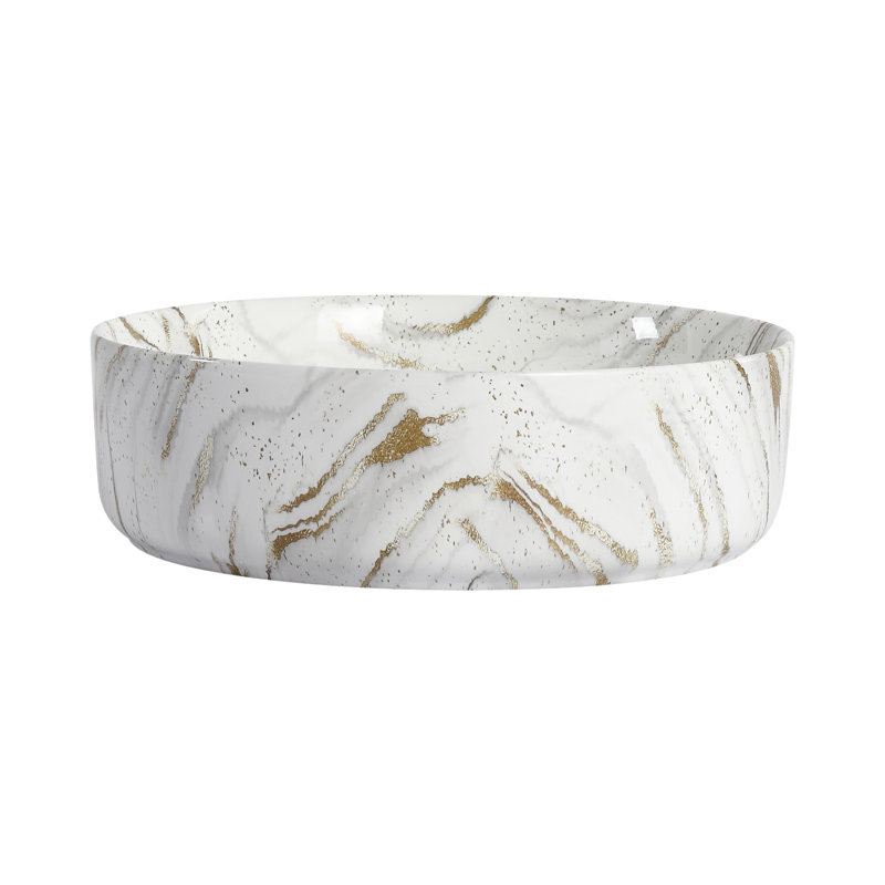 Lavabo de salle de bain rond en céramique avec motifs gris, Blanc / Doré