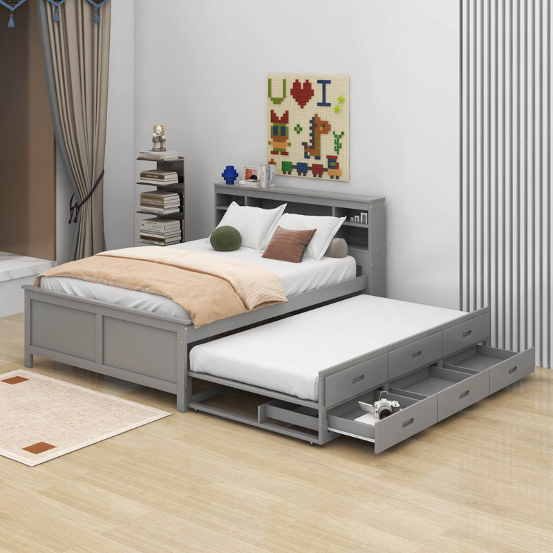 Lit plateforme double avec tête de lit, USB, lit gigogne et tiroirs, Gris
