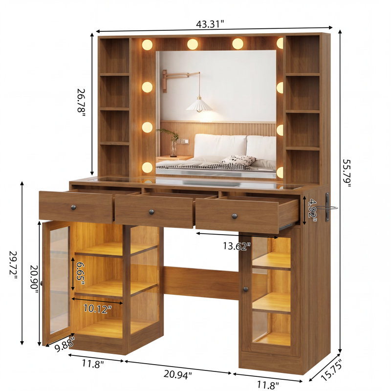 Grand bureau de coiffeuse avec lumières et miroir, 10 ampoules rondes avec miroir, prise de courant, 5 tiroirs, 8 tablettes avec éclairage de luminosité, support pour sèche-cheveux (sans tabouret)