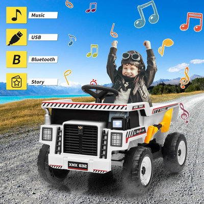 12V Kids Ride On Dump Truck, Electric Construction Vehicle with Remote Control, Dump Bed,Suspension,LED Lights & Music