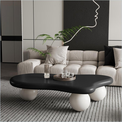 47 Inch Cloud-Shaped Living Room Coffee Table - Black Top White Legs, Pet-Friendly & Easy Assembly