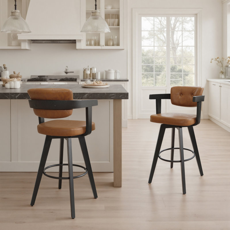 29.9" Modern Swivel Upholstered Bar Stool With Solid Wood Frame  (Set Of 2), Brown