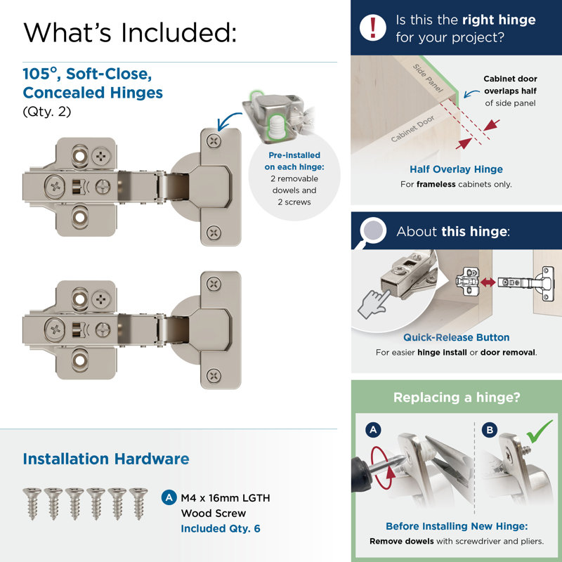 Nickel Soft Close Euro Concealed Cabinet Hinge Pair