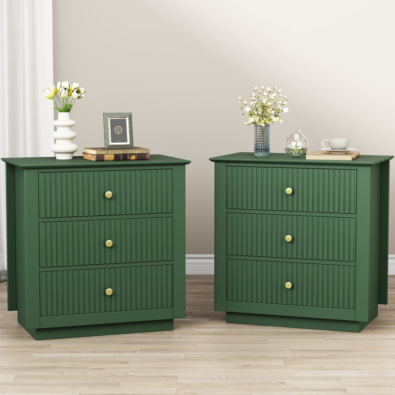 24" W x 26" H Modern Wood Fluted Front 3-Drawer Nightstand with Built-in Outlets (Set of 2), Set of 2, Green