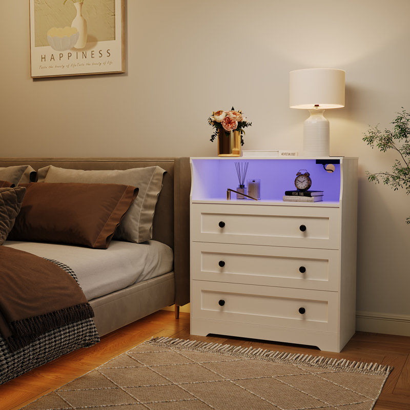37.2" 3-Drawer Dresser with LED Lights & Charging Station, Modern Wood Chest with USB Ports for Bedroom Living Room Entryway Storage