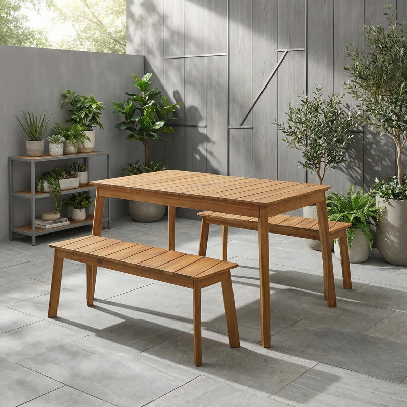 3-Piece Acacia Wood Table & Bench Set
