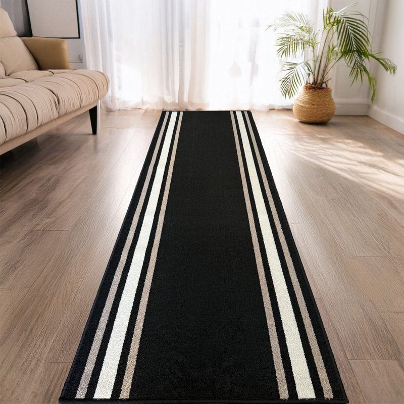 Solid Border Black Low Pile Slip Resistant Rugs, Runner 2'8" x 35'