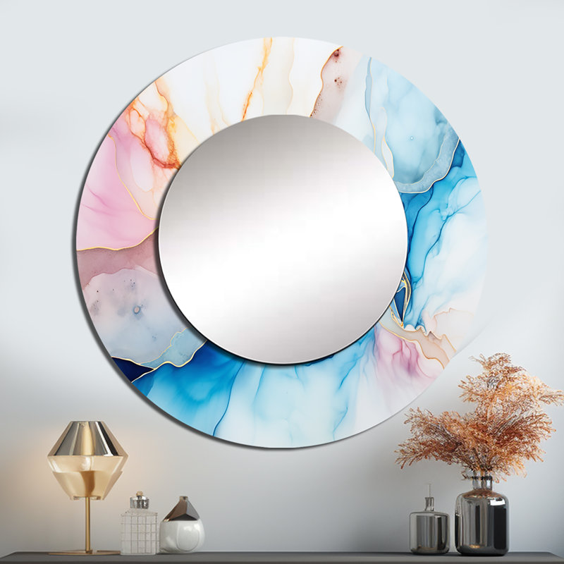 Saliye blanc et bleu alcool encre ciel - formes abstraites miroir mural, miroir rond moderne, art imprimé en métal