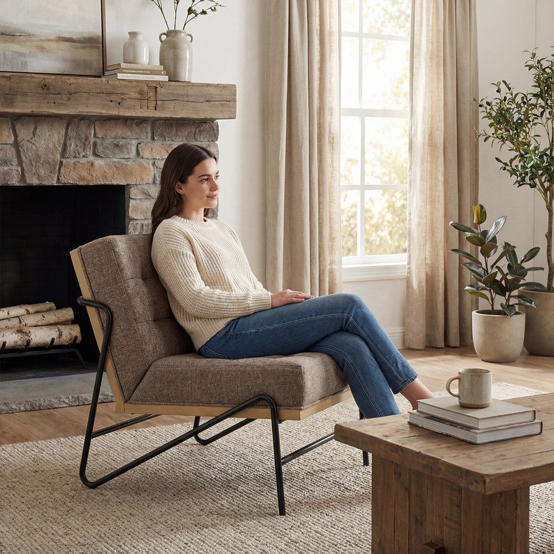 Metal Accent Stool, Linen, Dark Brown