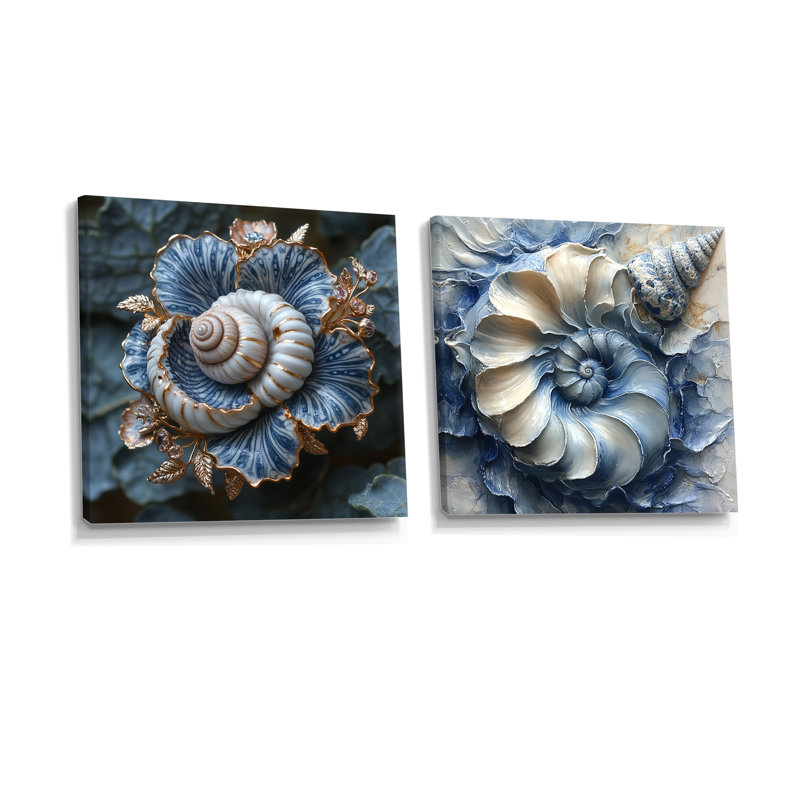 Coquillage moderne bleu et blanc Serenade I - art mural coquillage - ensemble de 2 décorations murales modernes, Toile tendue