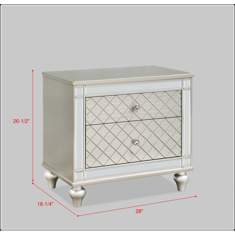 Table de chevet 2 tiroirs Glam avec façades à motif de losanges, parfaite pour ajouter de l'élégance à votre décor de chambre à coucher