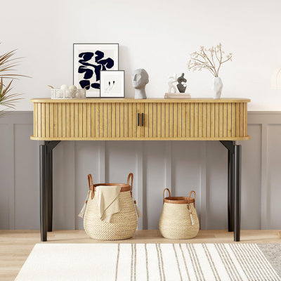 Fluted Console Table with Storage,Wood Sofa Table with Sliding Door,Entryway Table with Storage Space for Living Room