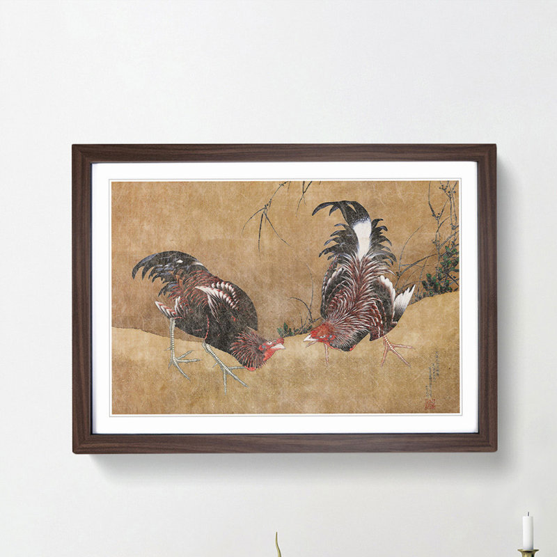 Gamecocks by Katsushika Hokusai - Framed Print, 36cm H x 48cm W x 2cm D, Walnut Framed