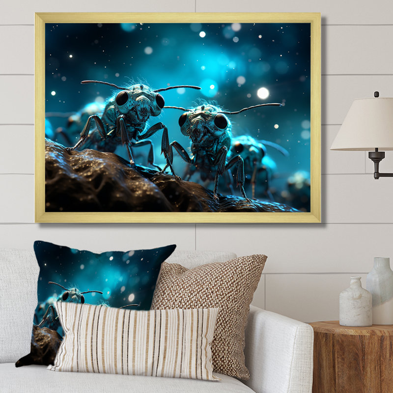 Fourmis lunaires argentées sur toile, H 30 po x l 40 po x P 1,5 po, Cadre doré simple
