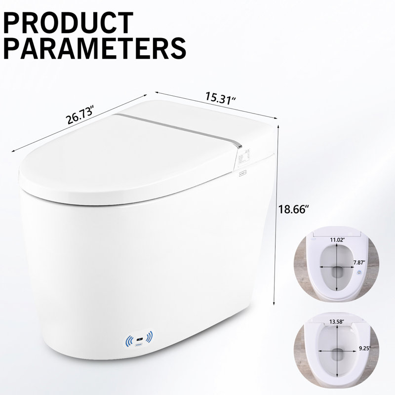Smart Toilet With Self-cleaning Nozzle, Heated Seat, Night , Off Flush, Knob Control, Silent Slow Down, Soft Close, Auto 3 Temperature Settings Ceramic Bidet Power Outage Flushing, Descent, Heat