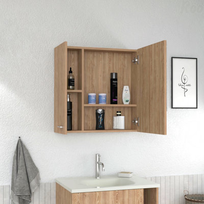 Armoire à pharmacie avec miroir, avec quatre tablettes internes, double porte, rangement minimaliste pour la salle de bain, pin