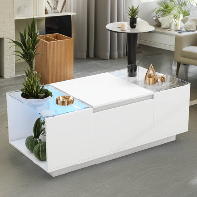 Living Room Led Coffee Table Modern Centre Table Design, Glass Top + High Gloss Finish, With Storage Compartment And 2 Hidden Drawers