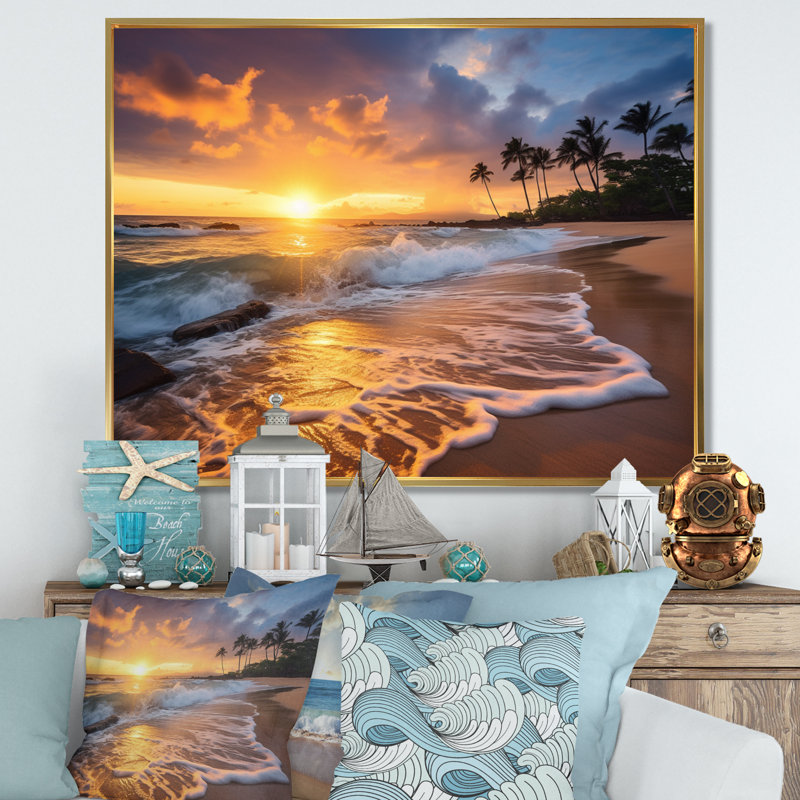 Photo de plage, coucher de soleil, Serenade IX - art mural plage côtière, H 16 po x l 32 po x P 1 po, Cadre flottant doré