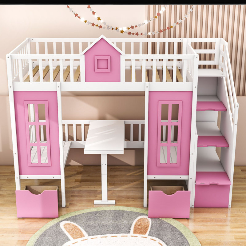 Charlo 2 Drawer Standard Bunk xwith Shelves by Harper Orchard, Pink, Twin Over Twin