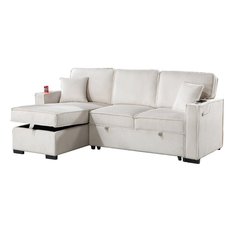 Convertible Sectional Corduroy Reversible Chaise W Storage And Sofa Pull Out Bed Pillows Living Room 2Pc Set, Beige Corduroy
