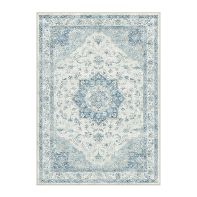 Stella Machine Washable Oriental Blue Area Rug
