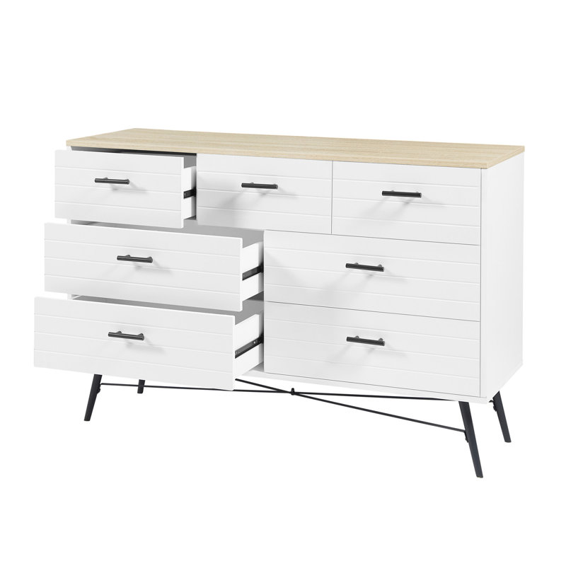 Commode 7 tiroirs pour chambre à coucher avec tiroirs profonds, commodes en bois et commode, commodes longues blanches modernes pour le placard du salon, l 47,2 po x P 15,7 po x H 31,5 po, blanc et chêne
