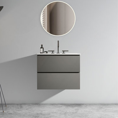 Meuble-lavabo mural 24 po avec lavabo en céramique et trois trous de robinet, lavabo une pièce sans drain, pré-assemblé
