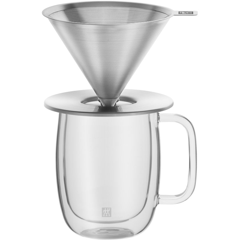 ZWILLING Sorrento Stainless Steel Pour Over Coffee Filter with Double-Wall Glass Coffee Mug