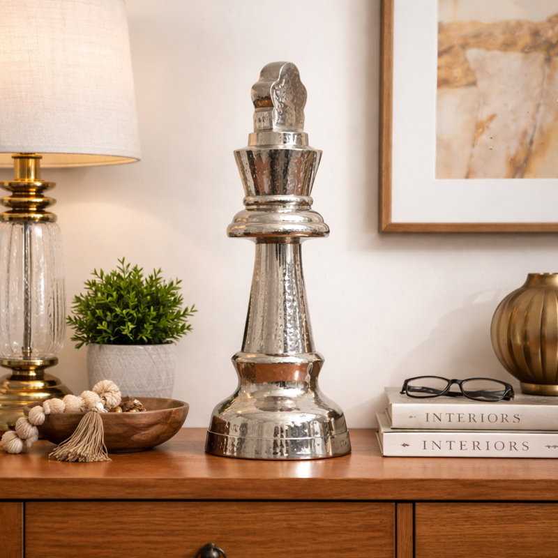 Decorative Hammered Nickel Finish Chess King Sculpture – Elegant Table Accent
