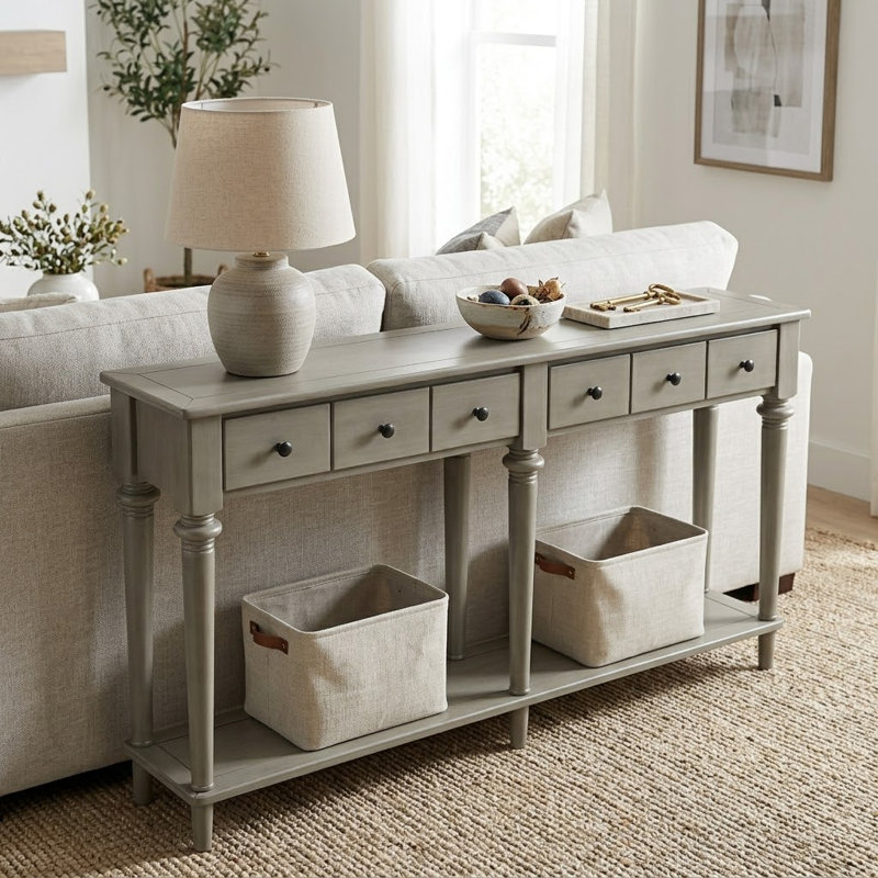 Classic Wooden Living Room Console Table Entryway Table with 4 Drawers and a Bottom Shelf, Gray Wash